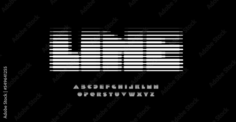 Aufkleber 3d linear halftone alphabet, digital equalizer font for logo, headline and monogram. Horizontal lines blinds letters. Vector typography design