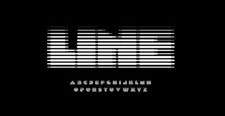 3d linear halftone alphabet, digital equalizer font for logo, headline and monogram. Horizontal lines blinds letters. Vector typography design