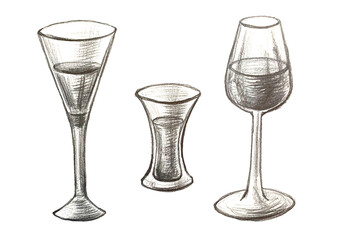 Set of different Glasses, pencil Drawing. Isolated Glasses for alcoholic drinks.