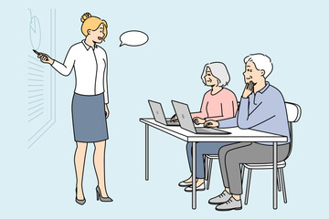 Retraining, additional education for elderly people. Advanced training for senior men, women. Young female teacher gives master class, seminar for pensioners. Vector outline colorful illustration.