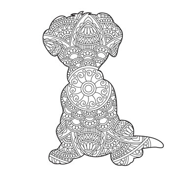 Zentangle dog mandala coloring page for adults christmas dog and floral animal coloring book antistress coloring page vector illustration