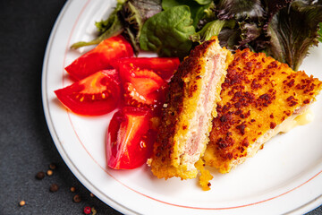 cutlet cordon blue chicken, ham, cheese fresh delicious snack healthy meal food snack on the table copy space food background rustic top view