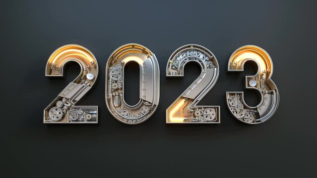 The new year 2023 is made from the mechanical alphabet with gear