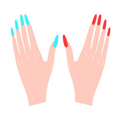 Vector illustration of two female hands with red and blue nails on a white background. Perfect for beauty, salon and whitening cream logos.
