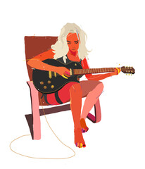 Girl with blond hair plays electric guitar