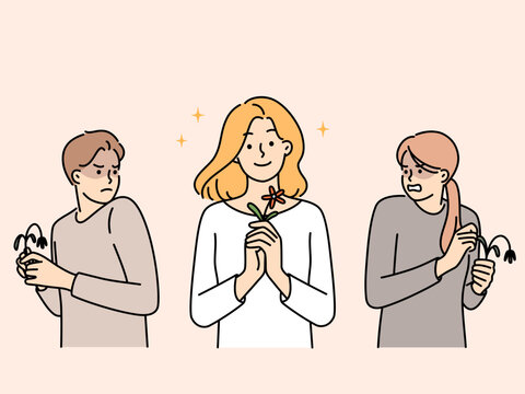 Jealous people envy happy optimistic girl 