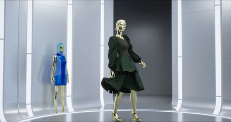 3D fashion show: virtual model walking by the podum. Fashionable green dress. 