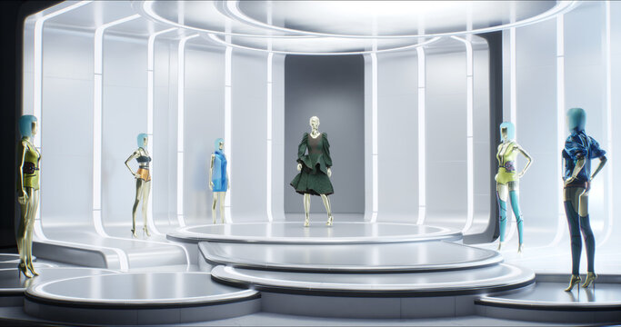 3D fashion show: virtual model walking by the podum. Fashionable green dress. 