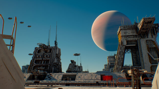 Futuristic Sci Fi Ships Flying Through a Military War Base. Realistic 4k Animation. 