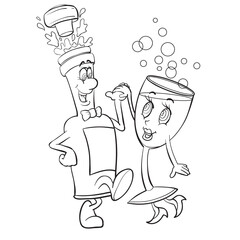 sketch, two characters a bottle and a glass are cute dancing holding hands, cartoon illustration, isolated object on a white background, vector,