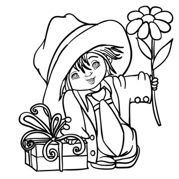 sketch, a boy in a larger jacket and a big hat holds a flower in his hands and leans on a box tied with a bow, cartoon illustration, isolated object on a white background, vector,