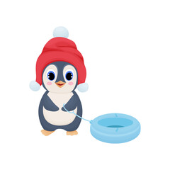 Cheerful penguin holding his inflatable cheesecake, character illustration, cartoon character, cute children's illustration with winter character, winter fun, holidays