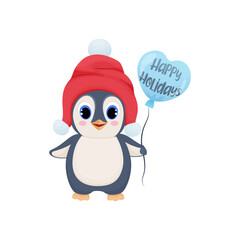 Cute penguin holding a balloon with a congratulatory inscription, merry christmas, character illustration, cartoon character, cute children's illustration with winter character, winter fun, holidays
