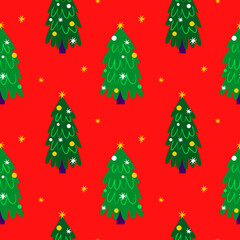 Christmas Tree Red Seamless Pattern. Vector Illustration of Cartoon Style Greeting Seasonal Holiday Background.