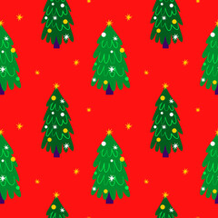 Christmas Tree Red Seamless Pattern. Vector Illustration of Cartoon Style Greeting Seasonal Holiday Background.