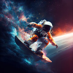 Obraz premium Astronaut surfing on the abstract wave in outer space. Creative photorealistic illustration generated by Ai