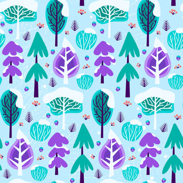 Winter Tree Snow Seamless Pattern. Vector Illustration of Cartoon Style Greeting Seasonal Holiday Background.