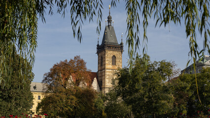 Fototapeta na wymiar View of new town hall tower in prague, looking from the park on a sunny autumn day.