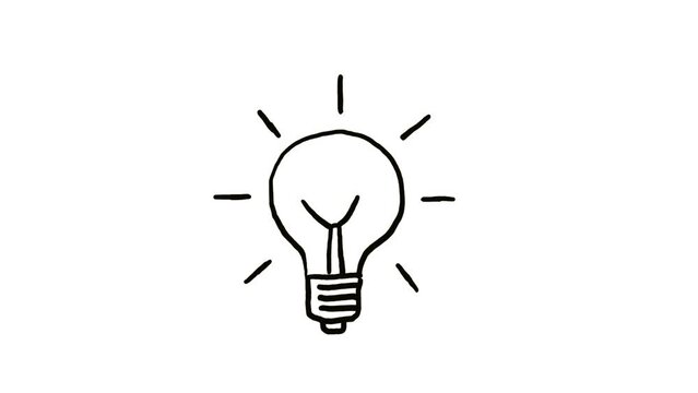 Animated Hand Drawn Light Bulb Gif Isolated on white Background. Idea, Education or Technology Concept 4K Video motion graphic animation. Turning on and Turning Off Light Bulb