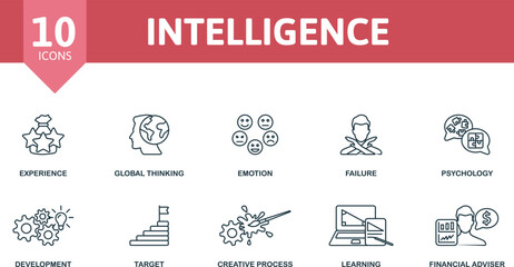 Intelligence icon set. Monochrome simple Intelligence icon collection. Experience, Global Thinking, Emotion, Failure, Psychology, Development, Target, Creative Process, Learning, Financial Adviser