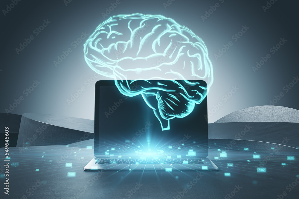 Poster close up of laptop with glowing brain hologram on blurry background. ai and machine learning concept
