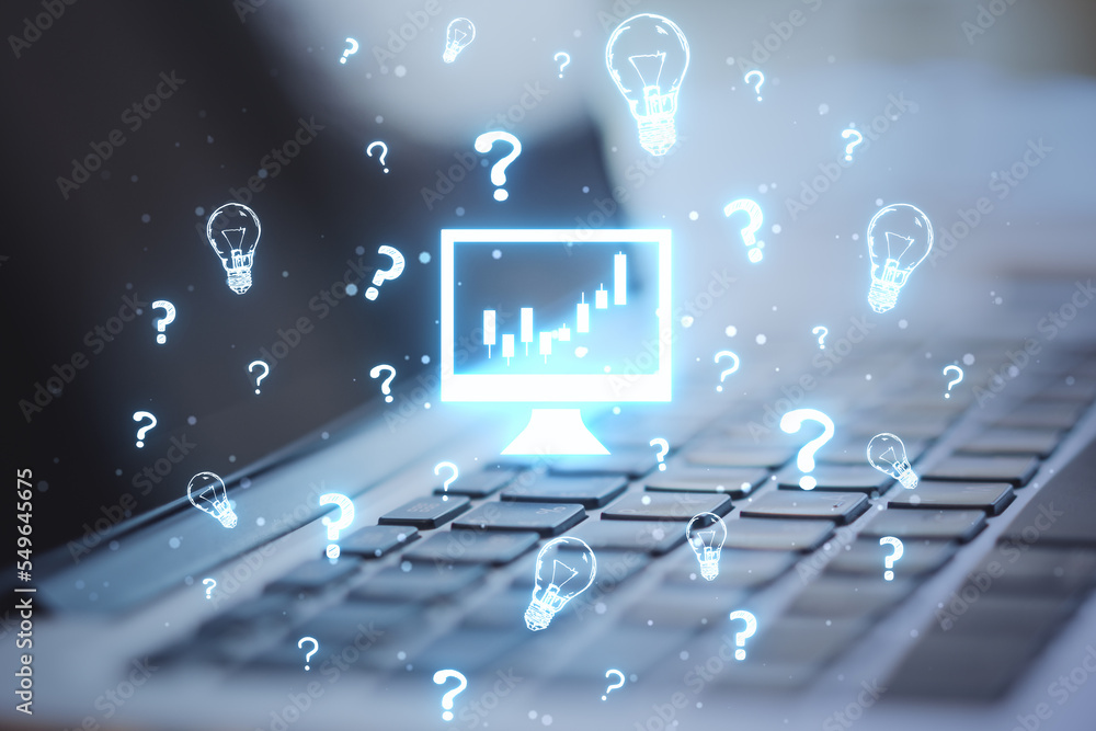 Poster investment advice or financial data analysis concept. close up of laptop computer with glowing monit