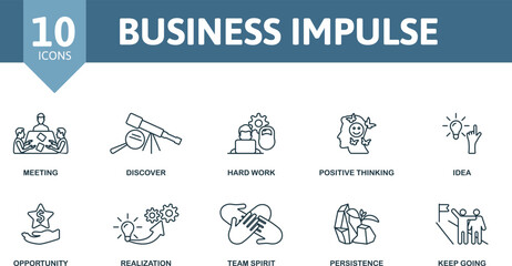 Business Impulse icon set. Monochrome simple Business Impulse icon collection. Meeting, Discover, Hard Work, Positive Thinking, Idea, Opportunity, Realization, Team Spirit, Persistence, Keep Going