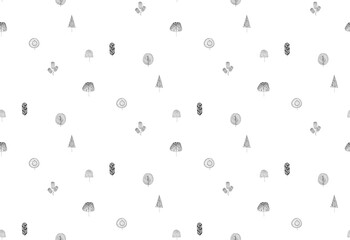 Hand drawn vector illustration. Seamless background for wrapping paper, baby clothes, cover design, interior. Abstract black patterns on a white background with trees, leaves.