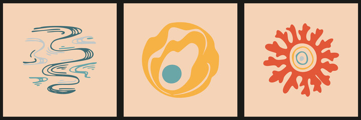 Set of three abstract pop art aesthetic backgrounds with sun, rainbow, waves, dots, thin lines, plants. Trendy colorful vector illustration for social media, wed design, in vintage style.