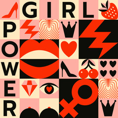 Abstract vector seamless pattern with feminism geometric symbols: hearts, lips, eyes, shoes, crowns, diamonds, etc. Vintage girl power design background in Bauhaus style.