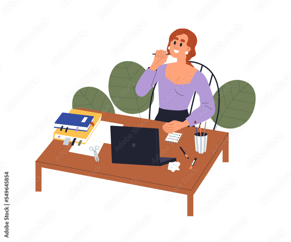 Poster creative woman at work. inspired excited employee, office worker at desk with laptop computer. happy