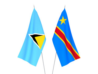 National fabric flags of Democratic Republic of the Congo and Saint Lucia isolated on white background. 3d rendering illustration.
