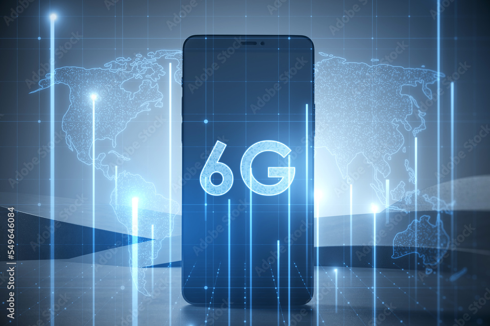 Poster Close up of cellphone with glowing 6G hologram on blurry background. Wireless internet and web speed concept. 3D Rendering.