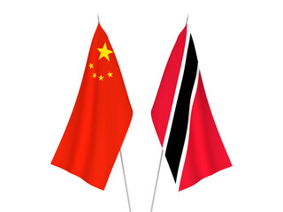 Obraz premium National fabric flags of China and Republic of Trinidad and Tobago isolated on white background. 3d rendering illustration.