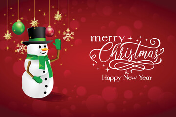 Fototapeta na wymiar Merry Christmas and Happy New Year. snowman with ornaments. Red background