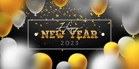 Happy New Year 2023 Illustration with Gold Lettering and Party Balloon on Dark Background. Vector Christmas Holiday Season Design for Flyer, Greeting Card, Banner, Celebration Poster, Party Invitation