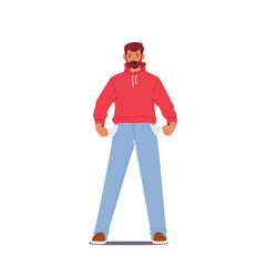 Bankrupt Male Character. Frustrated Worried Man With Beard In Casual Clothes Turning Out Empty Pockets Illustration