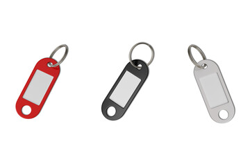 Black, white and red plastic Trinket for key with metal ring. Key tag Mockup with blank label for car, home or office key isolated on white background. 3d rendering.