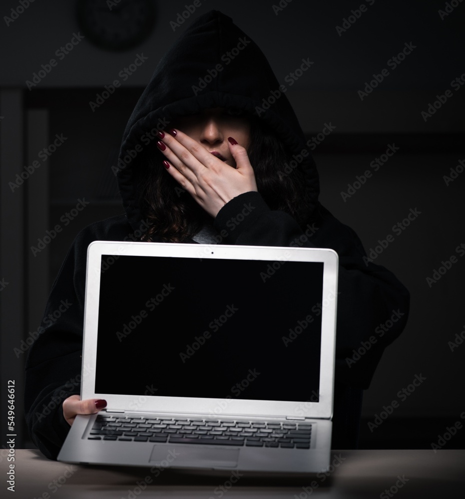 Poster female hacker hacking security firewall late in office