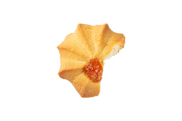 Naklejka premium Bitten piece of cookie for Chinese New Year isolated on white. Shortbread kurabye.