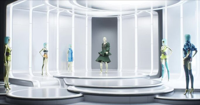 3D fashion show: virtual model walking by the podum. Fashionable green dress. 3D Rendering