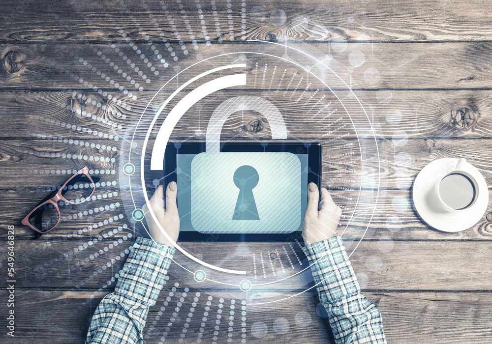 Poster concept of computer access with media lock icon on tablet screen