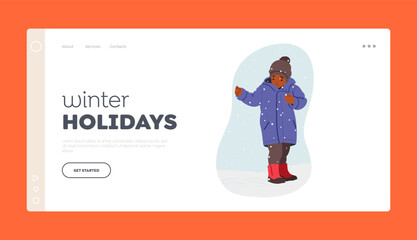 Obraz na płótnie Canvas Winter Holidays Landing Page Template. Toddler Playing on Street at Wintertime, Child Enjoying First Snow Illustration
