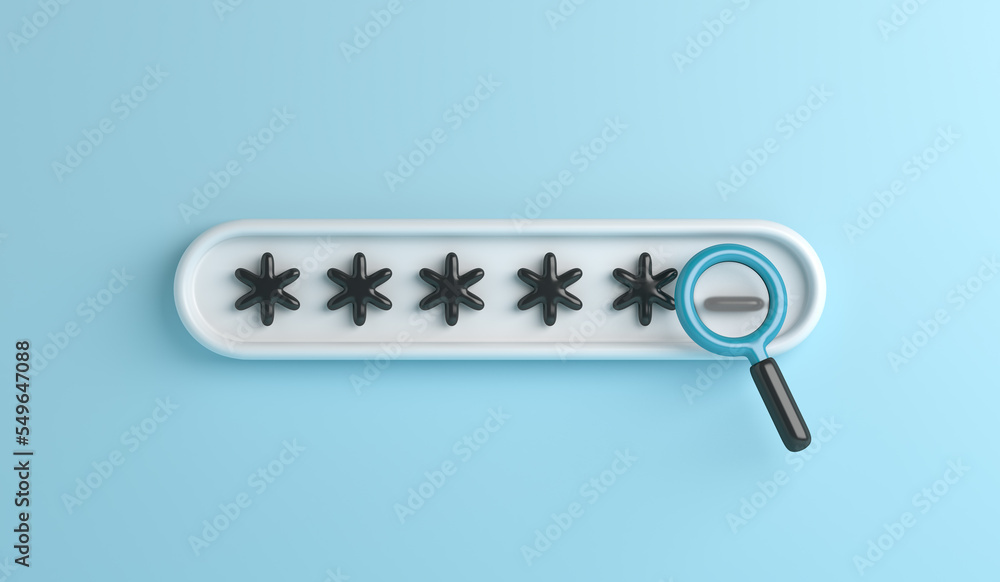 Poster password secure login access with magnifying glass, 3d rendering illustration