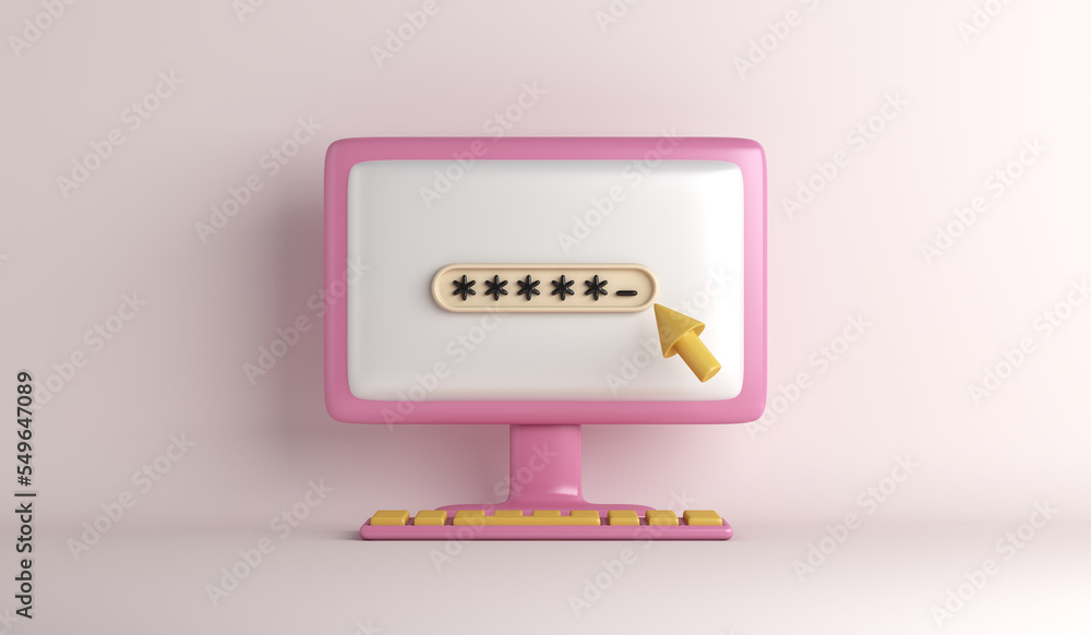 Fototapete password secure login access with cartoon style computer monitor with keyboard, 3d rendering illustr