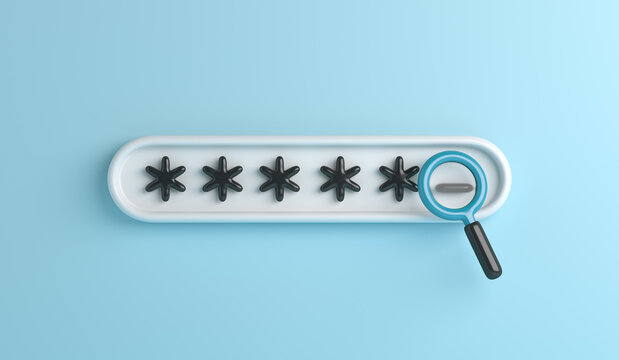 Password secure login access with magnifying glass, 3d rendering illustration