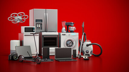 Group of home appliances and consumer electronics standing on red background. 3D illustration - obrazy, fototapety, plakaty