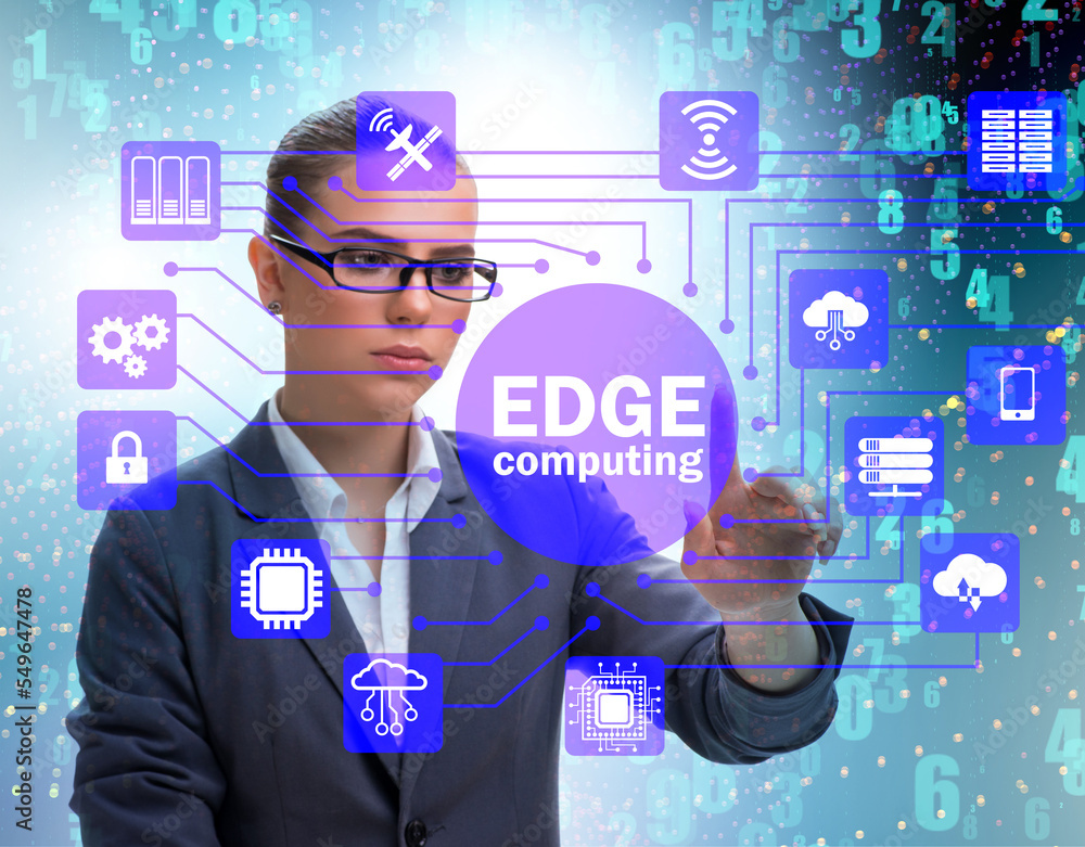 Poster businessman in edge and fog computing concept