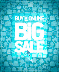 Buy online big sale web banner design with trade symbols on a blue backdrop