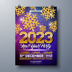 2023 New Year Party Celebration Poster Template Illustration with Gold Glittered Snowflake on Shiny Colorful Background. Vector Xmas Holiday Season Premium Party Invitation Flyer Design, Celebration